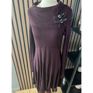 Burgundy -sleeve, mock-wrap, fit-and-flare sweater dress purple color with a rib